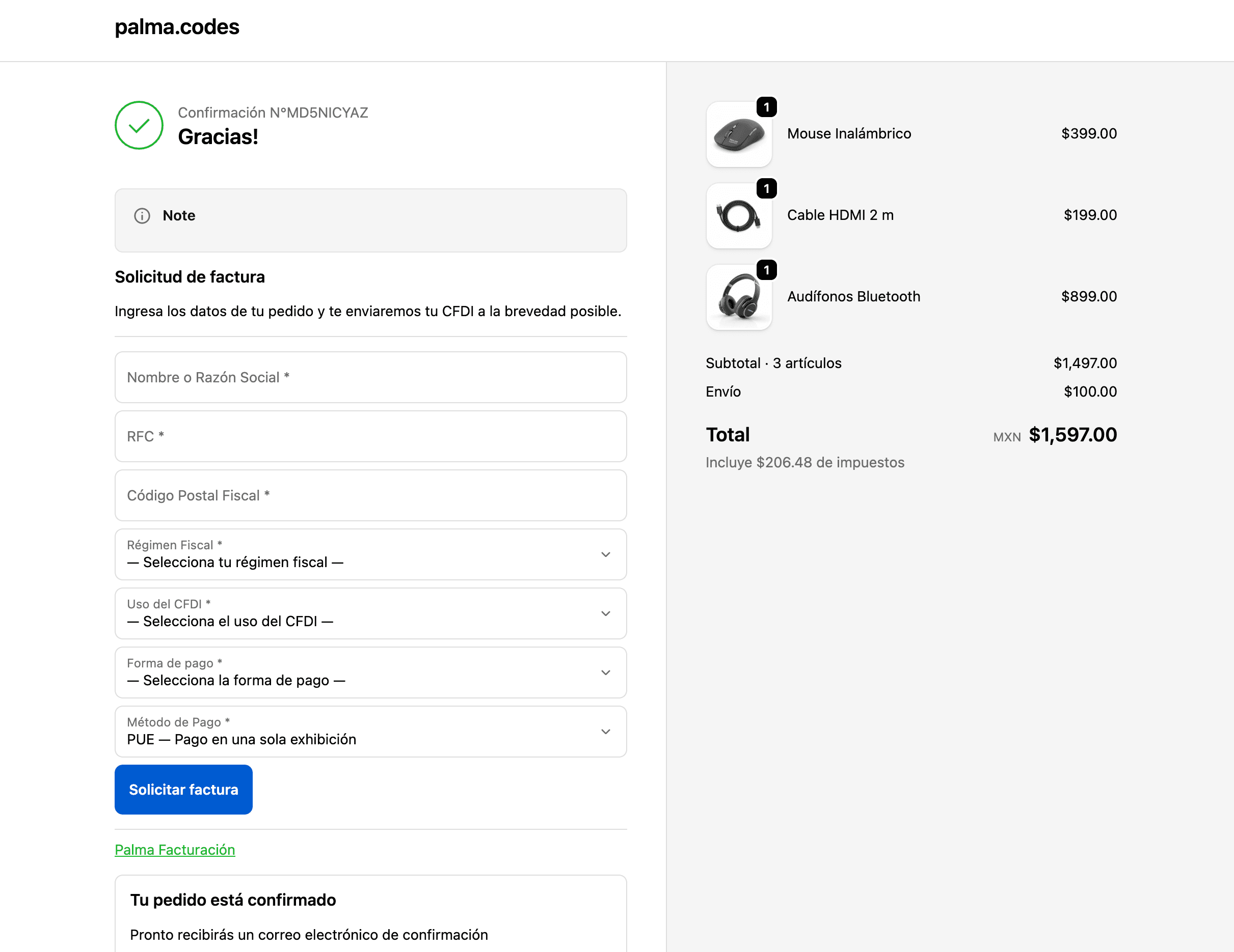 Widget de facturación en la página de confirmación de pedido