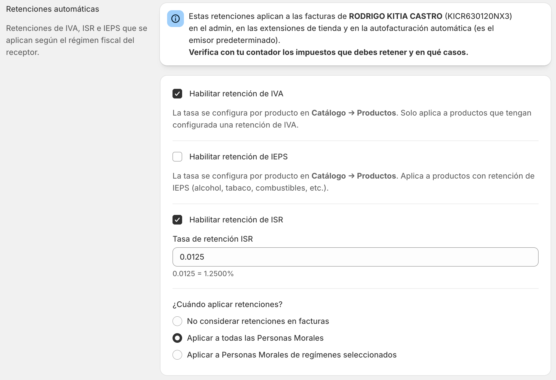 Sección de retenciones automáticas en datos del emisor