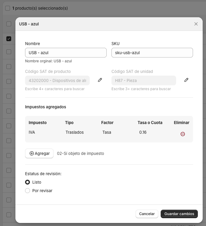 Pantalla de edición de producto con clave SAT asignada