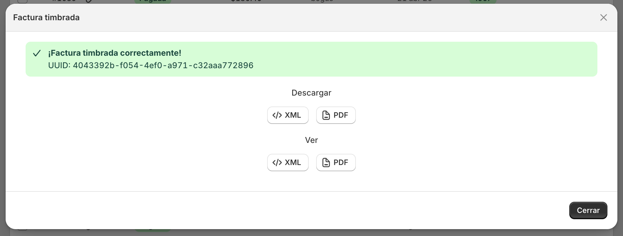 Factura timbrada exitosamente con UUID